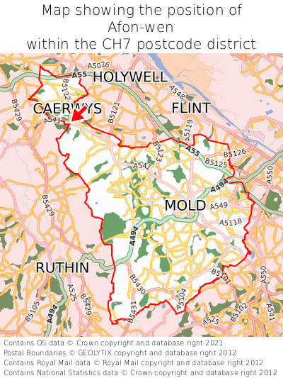 Map showing location of Afon-wen within CH7