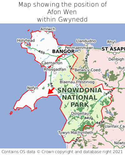 Map showing location of Afon Wen within Gwynedd
