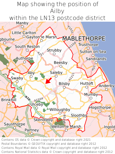 Map showing location of Ailby within LN13