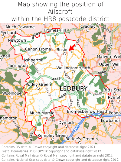 Map showing location of Ailscroft within HR8