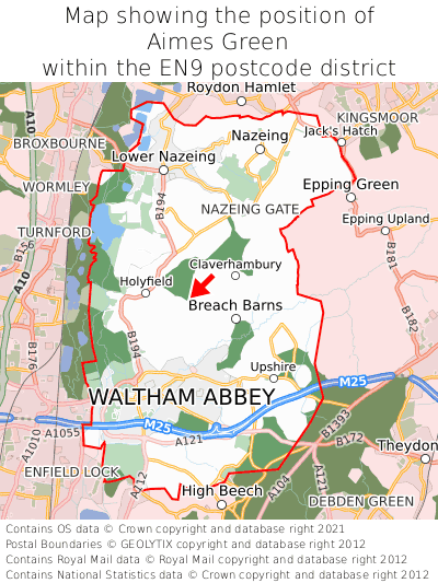 Map showing location of Aimes Green within EN9