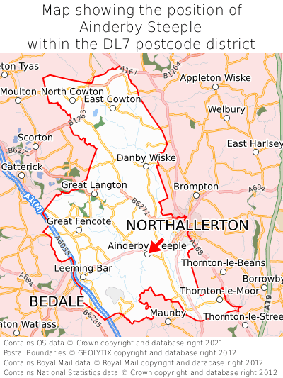 Map showing location of Ainderby Steeple within DL7