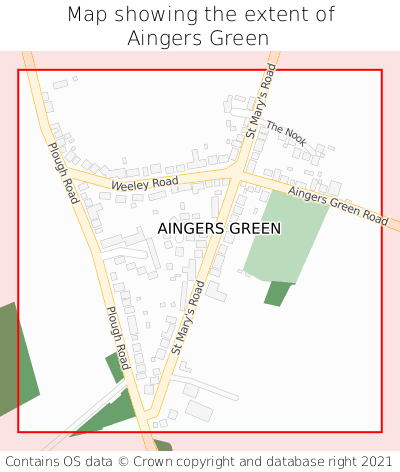 Map showing extent of Aingers Green as bounding box