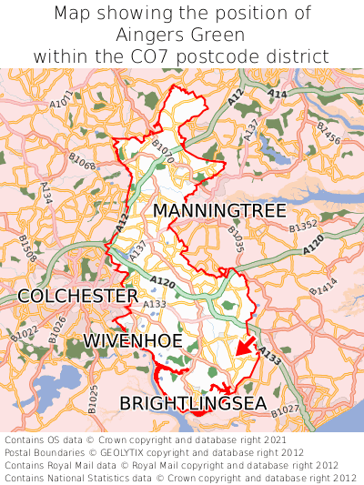 Map showing location of Aingers Green within CO7