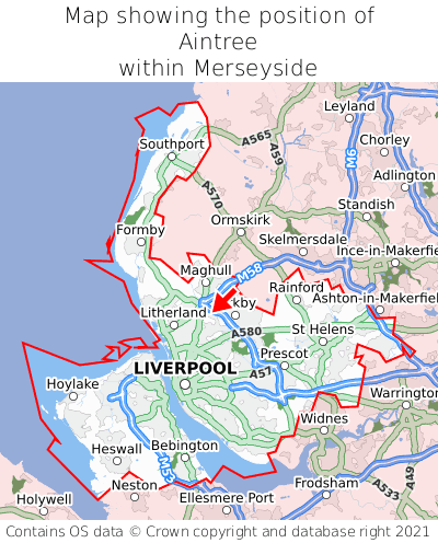 Map showing location of Aintree within Merseyside