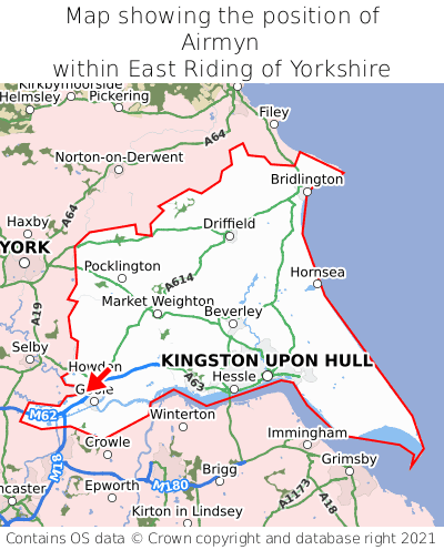 Map showing location of Airmyn within East Riding of Yorkshire