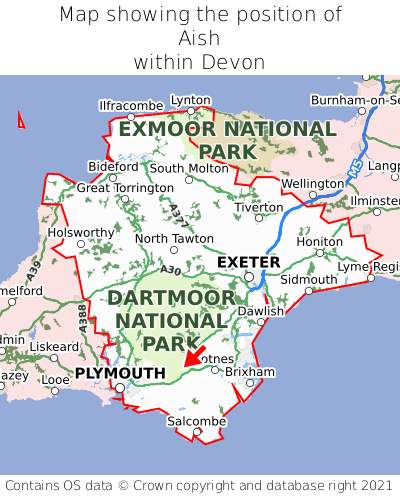 Map showing location of Aish within Devon