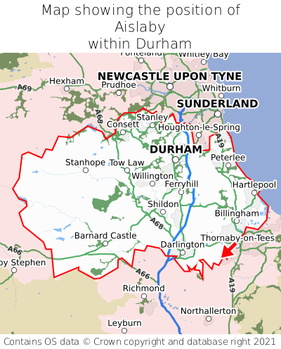 Map showing location of Aislaby within Durham