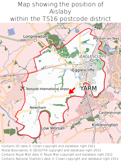 Map showing location of Aislaby within TS16