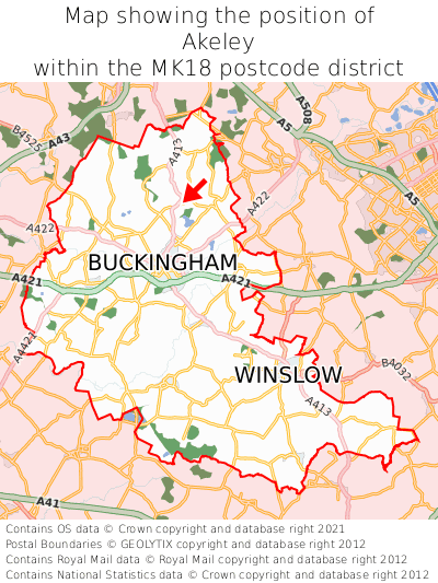 Map showing location of Akeley within MK18