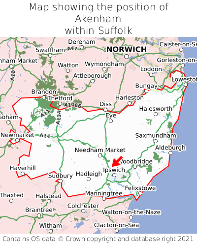 Map showing location of Akenham within Suffolk
