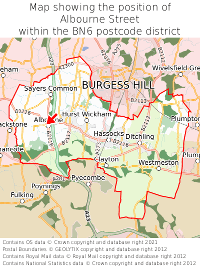 Map showing location of Albourne Street within BN6