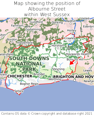 Map showing location of Albourne Street within West Sussex