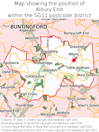 Map showing location of Albury End within SG11