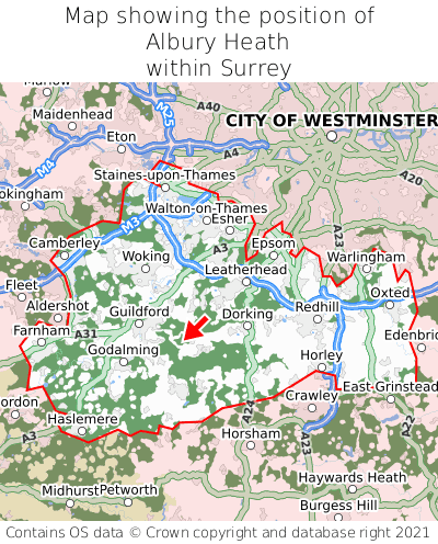 Map showing location of Albury Heath within Surrey