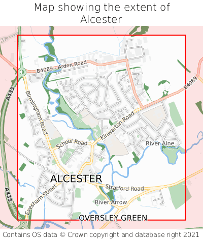 Map showing extent of Alcester as bounding box
