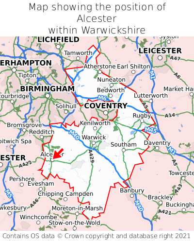 Map showing location of Alcester within Warwickshire