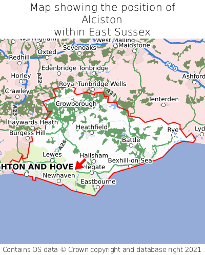 Map showing location of Alciston within East Sussex