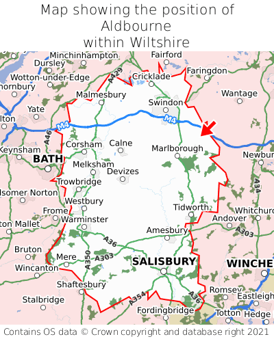 Map showing location of Aldbourne within Wiltshire