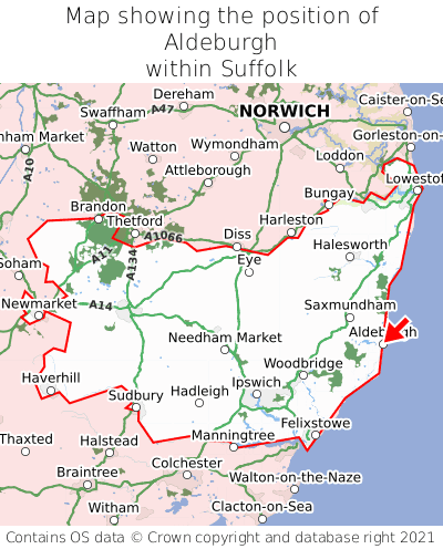 Map showing location of Aldeburgh within Suffolk