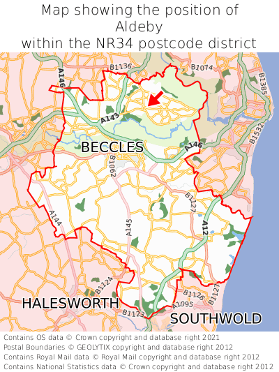 Map showing location of Aldeby within NR34