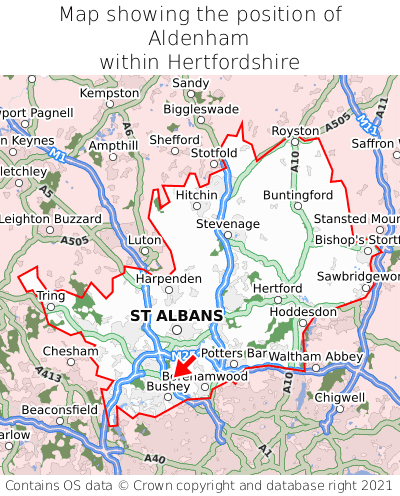 Map showing location of Aldenham within Hertfordshire