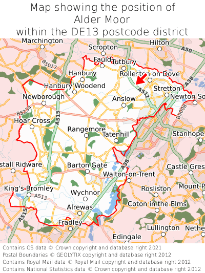 Map showing location of Alder Moor within DE13