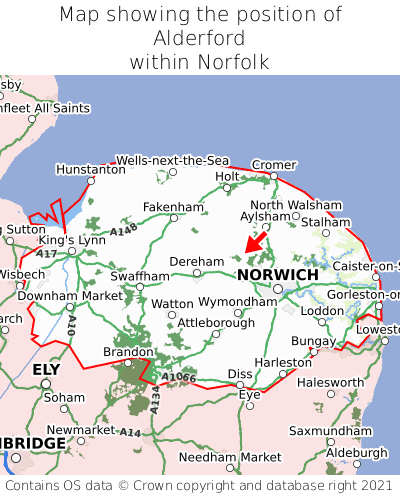 Map showing location of Alderford within Norfolk