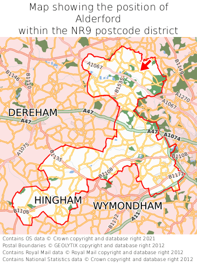 Map showing location of Alderford within NR9
