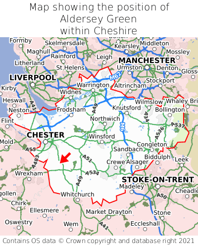 Map showing location of Aldersey Green within Cheshire