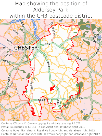 Map showing location of Aldersey Park within CH3