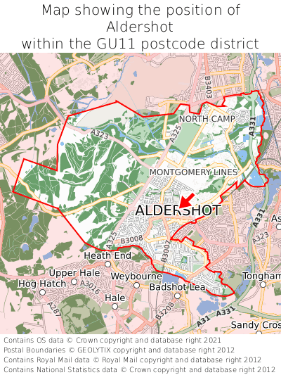Map showing location of Aldershot within GU11