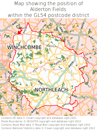 Map showing location of Alderton Fields within GL54