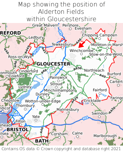 Map showing location of Alderton Fields within Gloucestershire