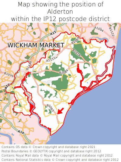 Map showing location of Alderton within IP12