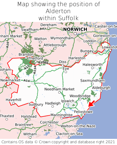 Map showing location of Alderton within Suffolk