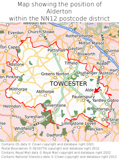Map showing location of Alderton within NN12