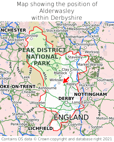 Map showing location of Alderwasley within Derbyshire