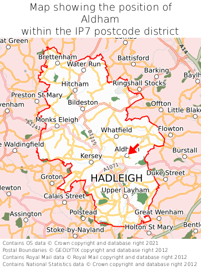 Map showing location of Aldham within IP7