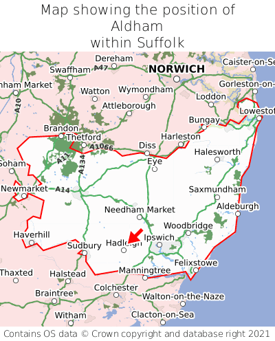 Map showing location of Aldham within Suffolk