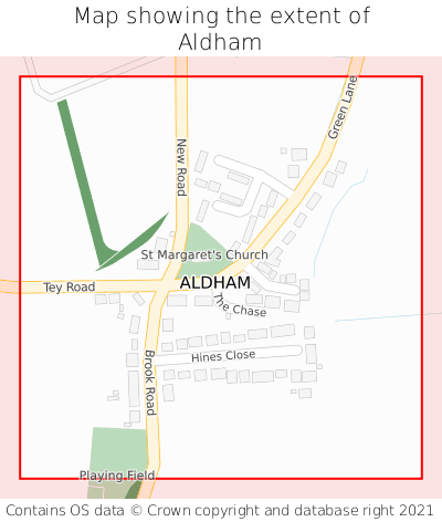 Map showing extent of Aldham as bounding box