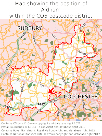 Map showing location of Aldham within CO6