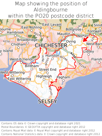 Map showing location of Aldingbourne within PO20