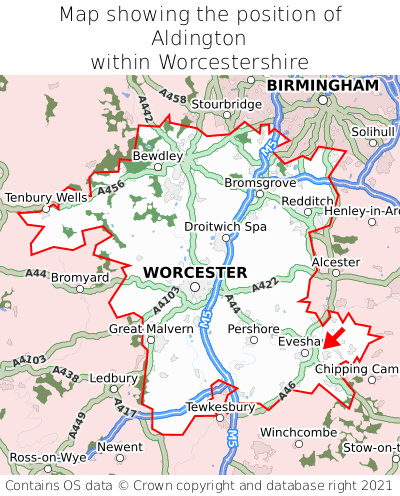 Map showing location of Aldington within Worcestershire