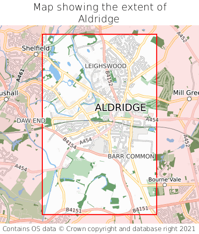 Map showing extent of Aldridge as bounding box