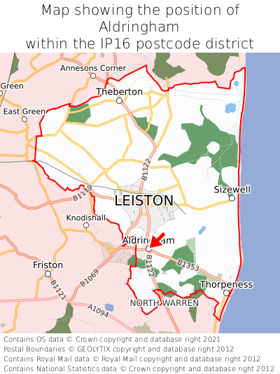 Map showing location of Aldringham within IP16