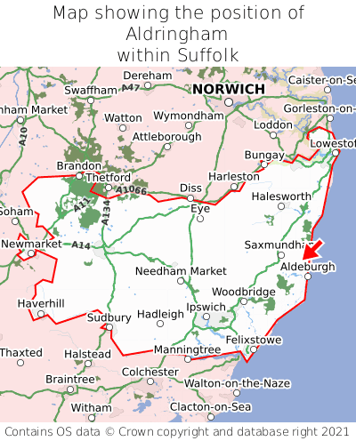 Map showing location of Aldringham within Suffolk