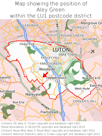 Map showing location of Aley Green within LU1
