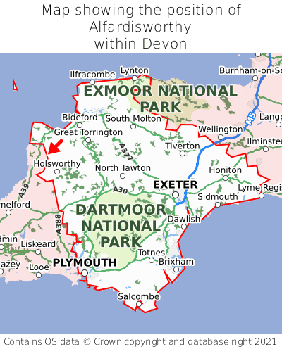 Map showing location of Alfardisworthy within Devon