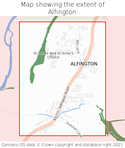 Map showing extent of Alfington as bounding box